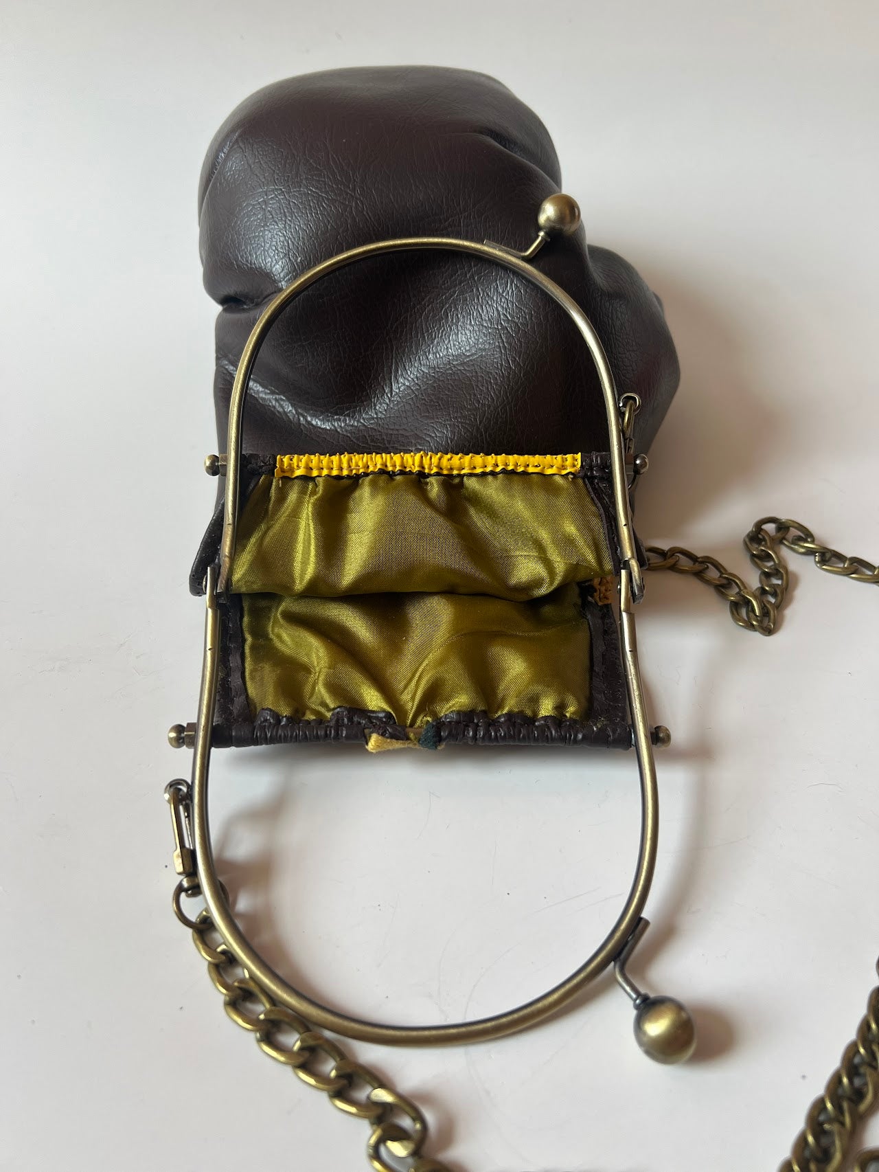 Vintage Punching Bag with Brass Handle and Crossbody Chain